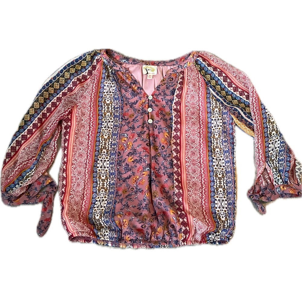Anthropologies Pink  Fig & Flower Floral Chiffon  Bohemian Blouse